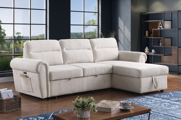 English Elm Ugo Chenille Sleeper Sectional Sofa with Storage Chaise and Built-in Usb Charging Ports Beige B2749S00071