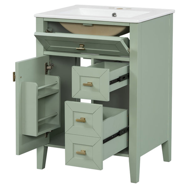 English Elm "24'' 24 Inch Glossy Freestanding Bathroom Vanity with Gold Hardware and Soft Close Storage Green Rubberwood N725P448529F