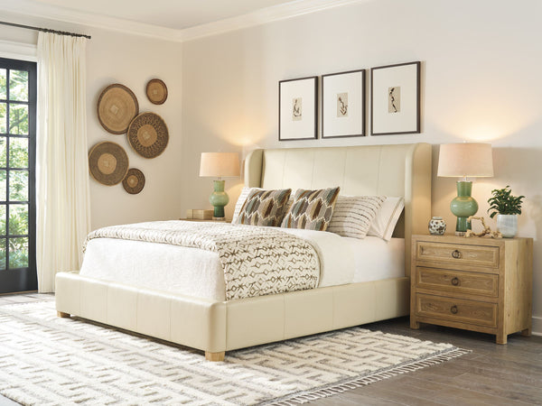 Summerland Wingback King Bed Ivory Semi-aniline Leather Tailored Upholstered Frame