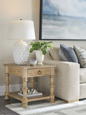 Hollister Traditional End Table with Soft Close Drawer Turned Legs and Lower Shelf
