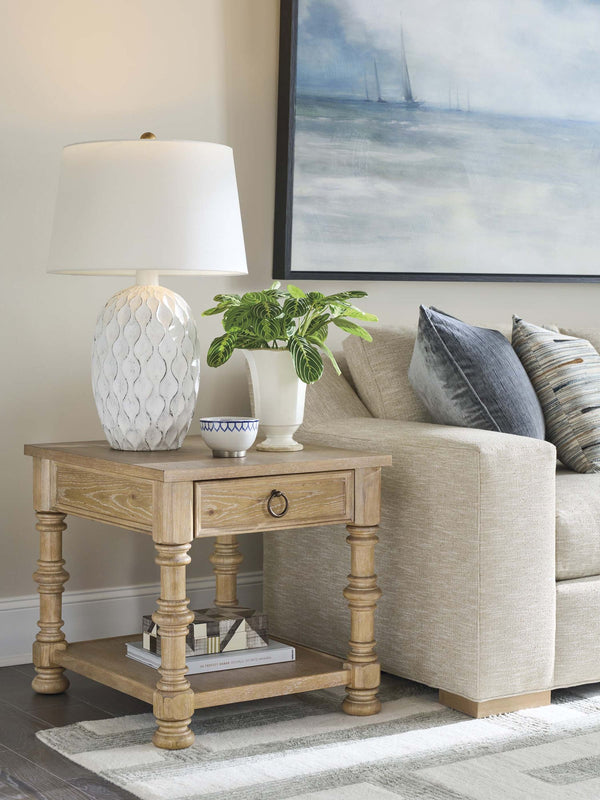Hollister Traditional End Table with Soft Close Drawer Turned Legs and Lower Shelf