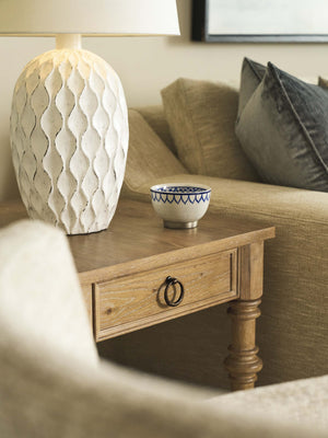 Hollister Traditional End Table with Soft Close Drawer Turned Legs and Lower Shelf