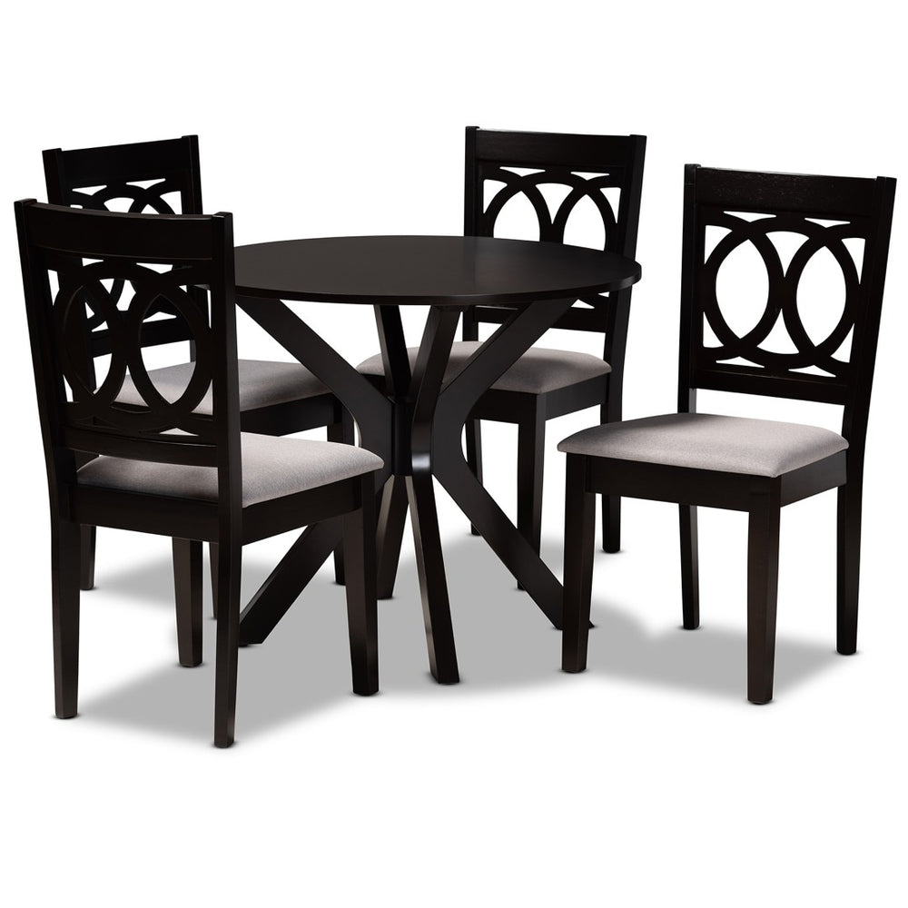 Baxton Studio Baxton Studio Sanne 5-Piece Dining Set: Modern Grey Upholstered Chairs & Round Table for Cozy Spaces Sanne-Grey/Dark Brown-5PC Dining Set