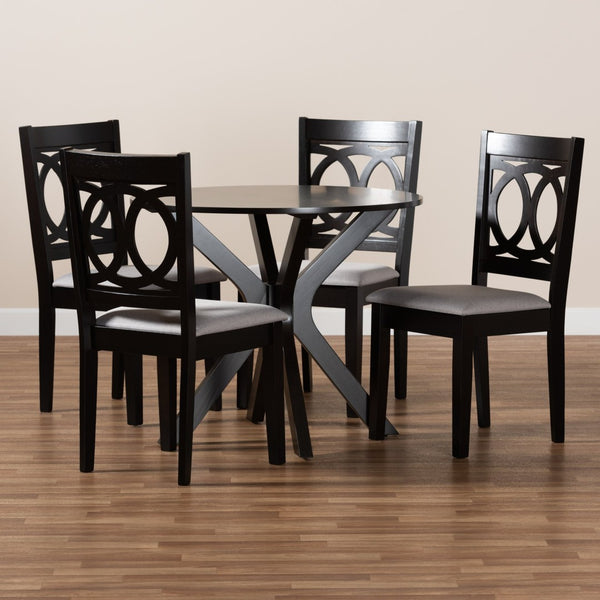 Baxton Studio Baxton Studio Sanne 5-Piece Dining Set: Modern Grey Upholstered Chairs & Round Table for Cozy Spaces Sanne-Grey/Dark Brown-5PC Dining Set