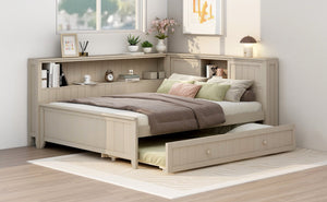 English Elm Full Full Size Wood Daybed with Trundle, Antique White Milk Finish, Built-In Storage Shelves & Charming Design N7090002225K