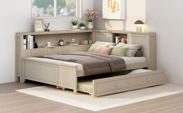 English Elm Full Full Size Wood Daybed with Trundle, Antique White Milk Finish, Built-In Storage Shelves & Charming Design N7090002225K