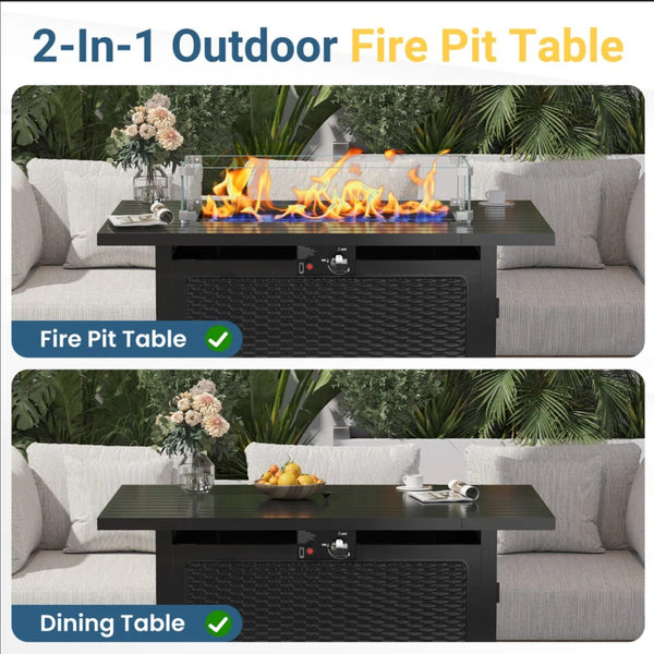 English Elm 43 Inch Faux Rattan Propane Fire Pit Table 50000 Btu with Glass Shield Lava Rock B082P454992