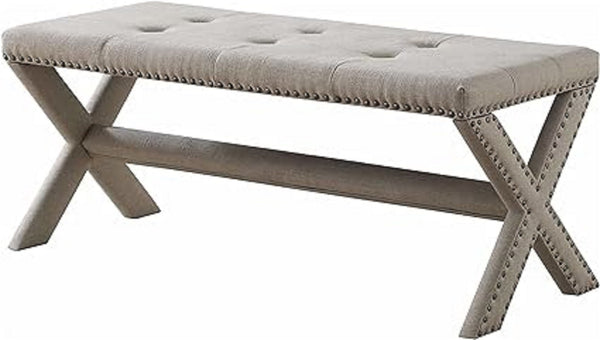 English Elm Glam Button Tufted Upholstered Bench with Nailhead Trim and X Trestle Legs Natural B011P450616