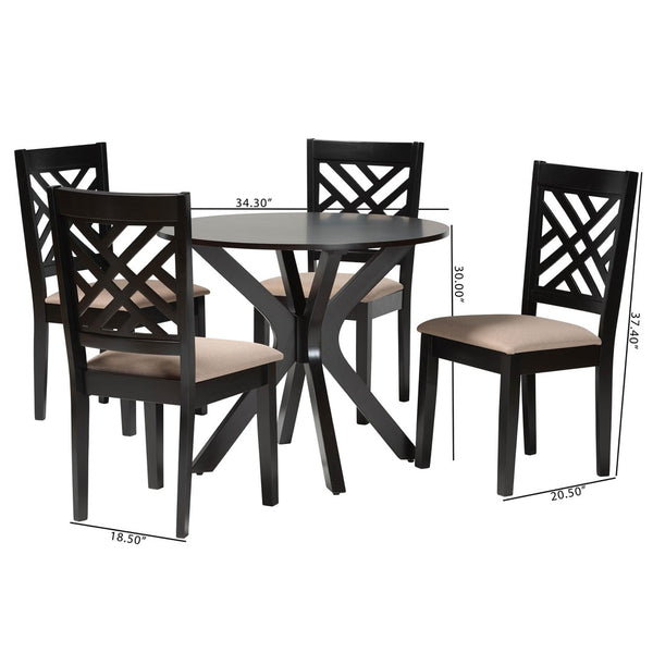 Baxton Studio Baxton Norah Modern 5-Piece Dining Set with Round Table & Sand Fabric Chairs for Stylish Comfort Norah-Sand/Dark Brown-5PC Dining Set