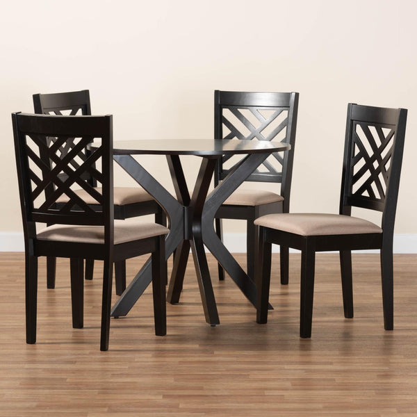 Baxton Studio Baxton Norah Modern 5-Piece Dining Set with Round Table & Sand Fabric Chairs for Stylish Comfort Norah-Sand/Dark Brown-5PC Dining Set