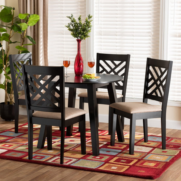 Baxton Studio Baxton Studio Ellie Compact Beige Upholstered Dining Set with Dark Brown Wood, 5-Piece Ensemble Ellie-Sand/Dark Brown-5PC Dining Set