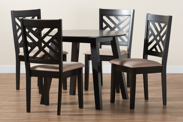 Baxton Studio Baxton Studio Ellie Compact Beige Upholstered Dining Set with Dark Brown Wood, 5-Piece Ensemble Ellie-Sand/Dark Brown-5PC Dining Set