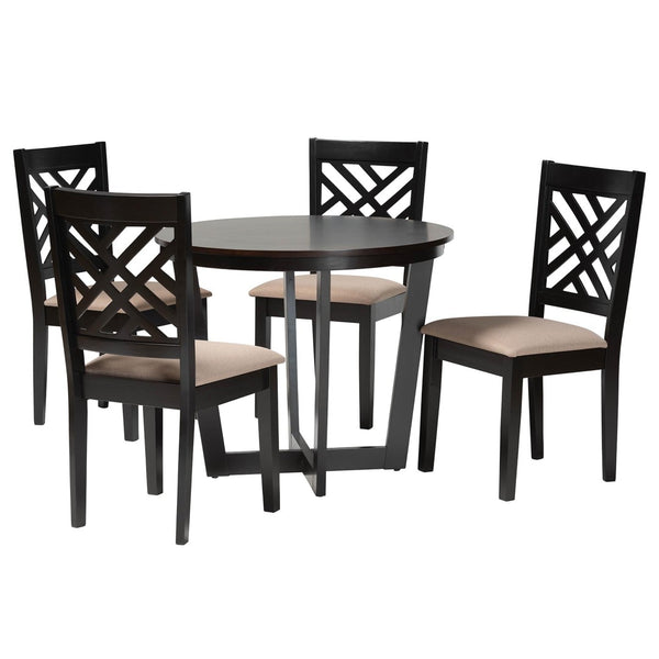 Baxton Studio Baxton Alena Modern 5-Piece Dining Set with Round Table & Plush Upholstered Chairs for Style Jodie-Sand/Dark Brown-5PC Dining Set