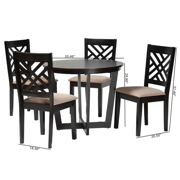 Baxton Studio Baxton Alena Modern 5-Piece Dining Set with Round Table & Plush Upholstered Chairs for Style Jodie-Sand/Dark Brown-5PC Dining Set