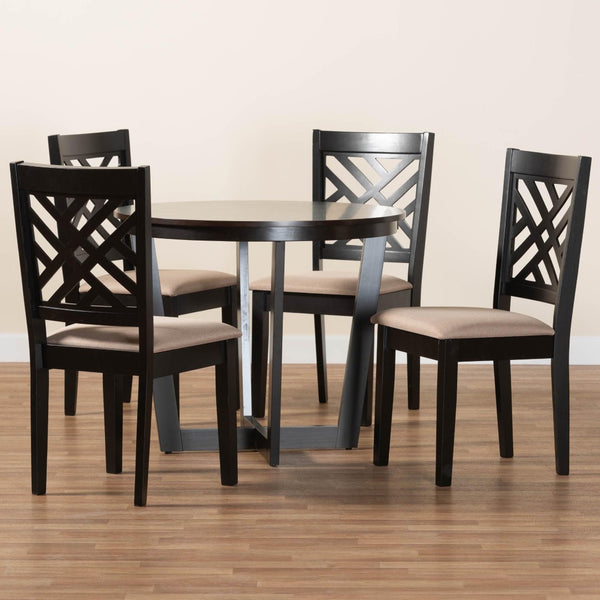 Baxton Studio Baxton Alena Modern 5-Piece Dining Set with Round Table & Plush Upholstered Chairs for Style Jodie-Sand/Dark Brown-5PC Dining Set