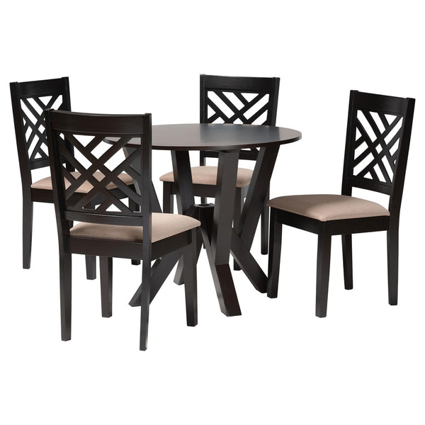 Baxton Studio Baxton Studio Elise Modern 5-Piece Dining Set with Round Table & Plush Sand Fabric Chairs Lydie-Sand/Dark Brown-5PC Dining Set