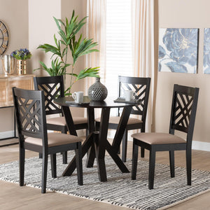Baxton Studio Baxton Studio Elise Modern 5-Piece Dining Set with Round Table & Plush Sand Fabric Chairs Lydie-Sand/Dark Brown-5PC Dining Set