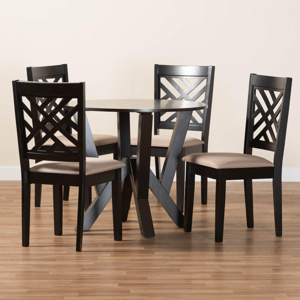 Baxton Studio Baxton Studio Elise Modern 5-Piece Dining Set with Round Table & Plush Sand Fabric Chairs Lydie-Sand/Dark Brown-5PC Dining Set