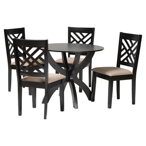 Baxton Studio Baxton Studio Edona 5-Piece Modern Dining Set with Round Table & Sand Upholstered Chairs, Walnut Finish Felisa-Sand/Dark Brown-5PC Dining Set