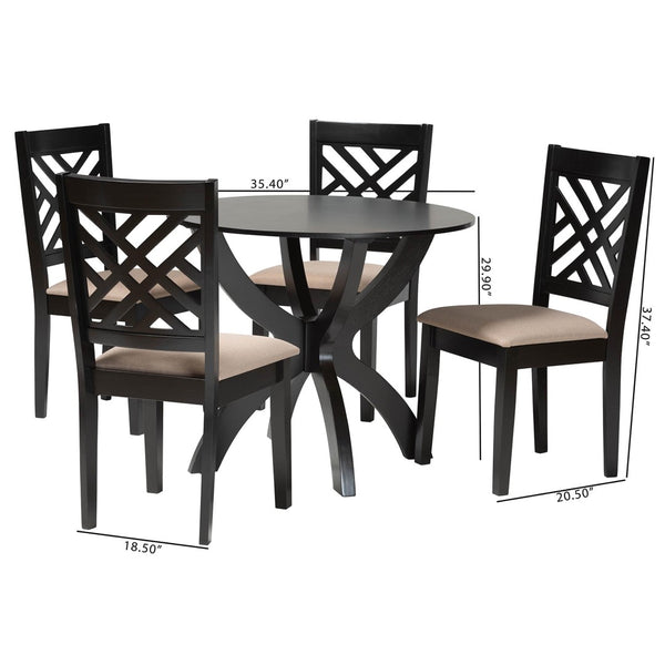 Baxton Studio Baxton Studio Edona 5-Piece Modern Dining Set with Round Table & Sand Upholstered Chairs, Walnut Finish Felisa-Sand/Dark Brown-5PC Dining Set
