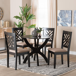 Baxton Studio Baxton Studio Edona 5-Piece Modern Dining Set with Round Table & Sand Upholstered Chairs, Walnut Finish Felisa-Sand/Dark Brown-5PC Dining Set