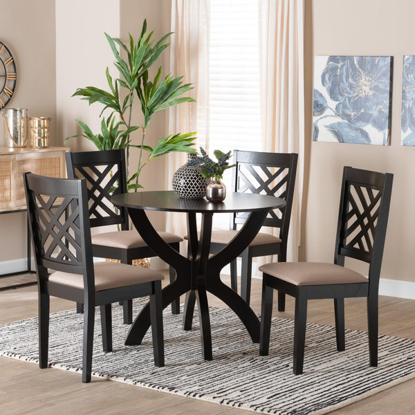 Baxton Studio Baxton Studio Edona 5-Piece Modern Dining Set with Round Table & Sand Upholstered Chairs, Walnut Finish Felisa-Sand/Dark Brown-5PC Dining Set