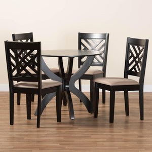 Baxton Studio Baxton Studio Edona 5-Piece Modern Dining Set with Round Table & Sand Upholstered Chairs, Walnut Finish Felisa-Sand/Dark Brown-5PC Dining Set