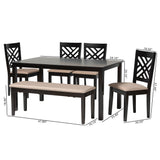 Baxton Studio Gustavo Modern Sand Fabric and Walnut Brown Finished Wood 6-Piece Dining Set