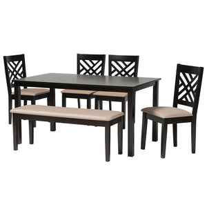 Baxton Studio Gustavo Modern Sand Fabric and Walnut Brown Finished Wood 6-Piece Dining Set