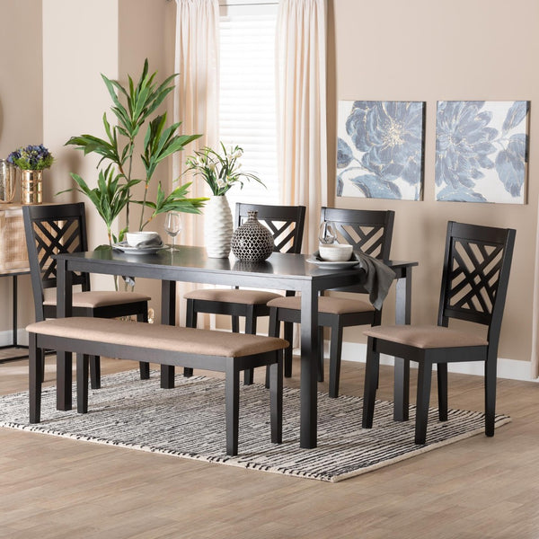 Baxton Studio Baxton Studio Gustavo 6-Piece Modern Dining Set with Sand Upholstery & Walnut Finish for Stylish Meals RH317C-Sand/Dark Brown-6PC Dining Set