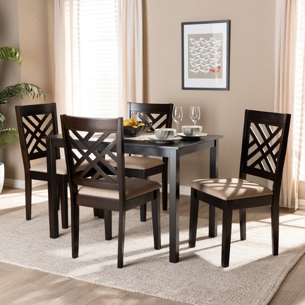 Baxton Studio Baxton Caron 5-Piece Dining Set: Modern Sand Upholstered Chairs & Espresso Brown Wood Table RH317C-Sand/Dark Brown-5PC Dining Set