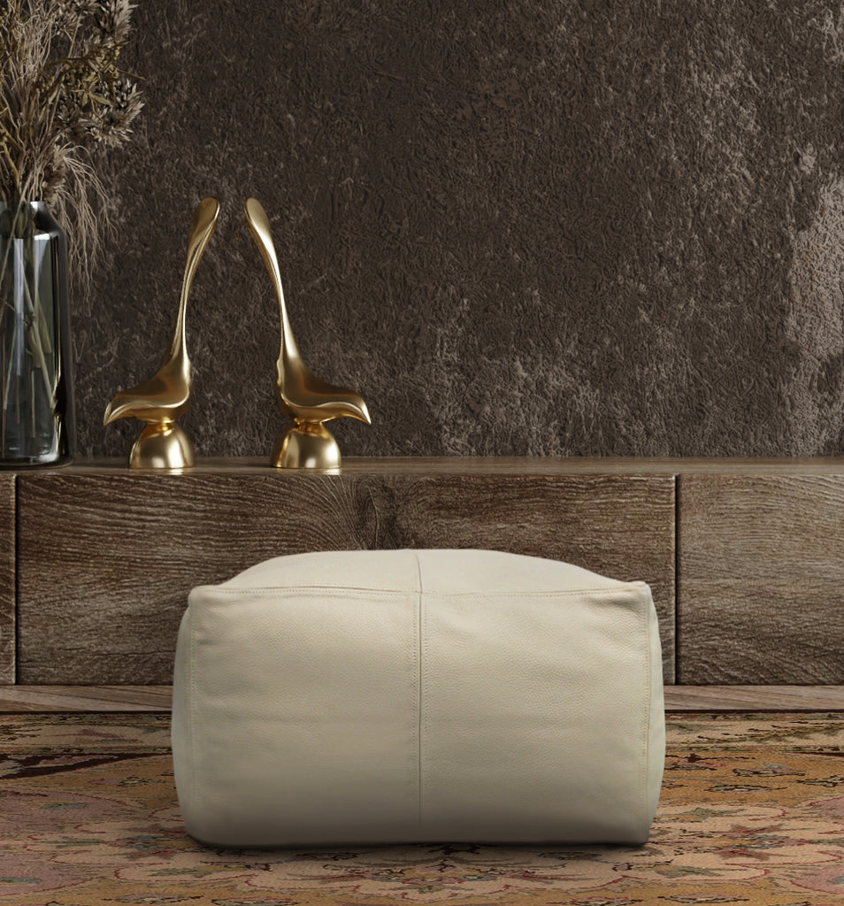 Lash Java Leather Pouf in Ivory – English Elm