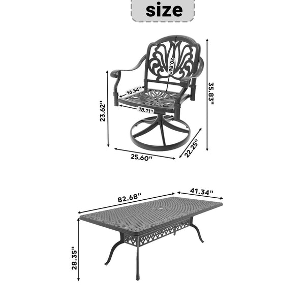 English Elm 7-Piece All-Weather Cast Aluminum Dining Set With 6 Swivel Chairs & Rectangular Table For Outdoor Fun P2 W1710S00293-GIGA