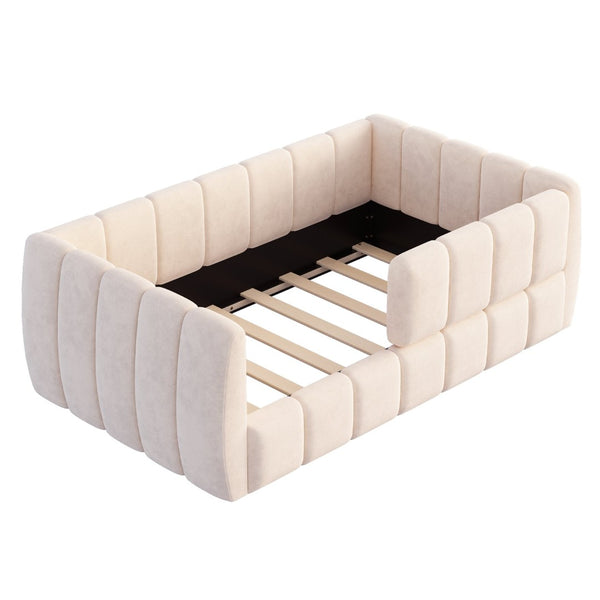 English Elm Upholstered Velvet Toddler Daybed with Removable Guardrails and Solid Slat Support Beige N899P452426A