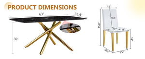 English Elm Table and Chair Set Marble Tempered Glass Top Golden Fork Base with Four Pu Seats Black+Gold,White W1151S04785