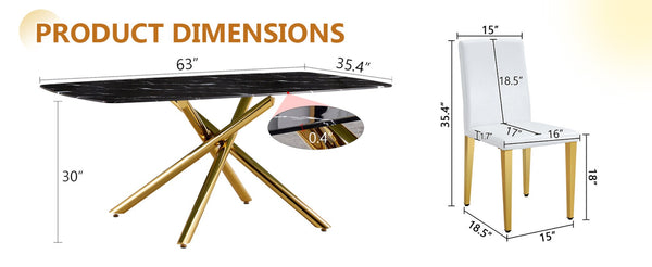 English Elm Table and Chair Set Marble Tempered Glass Top Golden Fork Base with Four Pu Seats Black+Gold,White W1151S04785