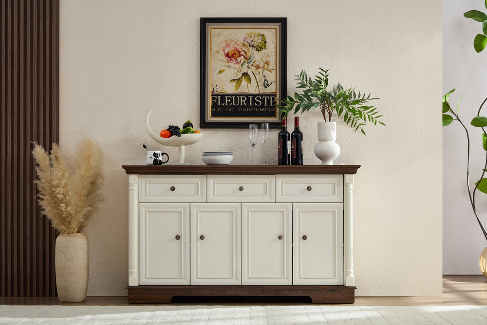 English Elm Farmhouse Large Storage Cabinet With Roman Columns, Versatile Wood Buffet & Wine Cooler Stand W2393P300547