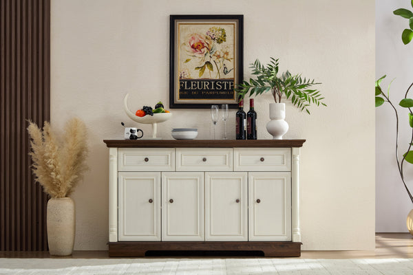 English Elm Farmhouse Large Storage Cabinet With Roman Columns, Versatile Wood Buffet & Wine Cooler Stand W2393P300547