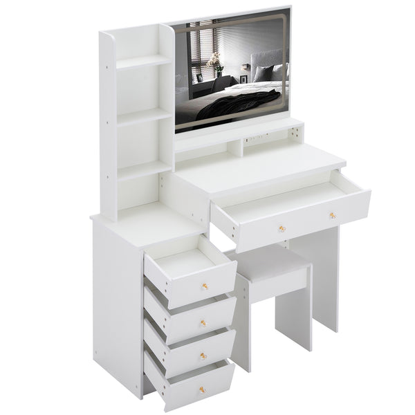 English Elm 41" Luxury Vanity Table Set With Stool, Integrated Power, Led Mirror & Hair Dryer Stand - Stylish Design W936P230832