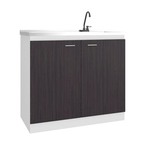 English Elm Zurich Freestanding Stainless Steel Utility Sink with Black Storage Cabinet for Garage Black & White Print B200S00458
