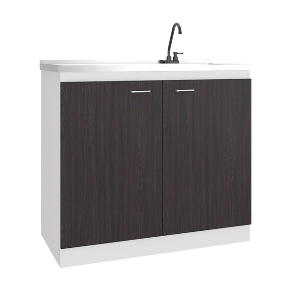 English Elm Zurich Freestanding Stainless Steel Utility Sink with Black Storage Cabinet for Garage Black & White Print B200S00458