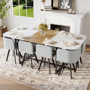 English Elm 9-piece Square Dining Set with Marble Wood Tabletop and Gray Pu Leather Chairs for 8 W3875S00146