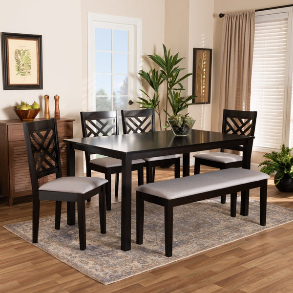Baxton Studio Baxton Gustavo 6-Piece Modern Dining Set in Grey Fabric & Dark Brown Wood - Stylish Comfort & Durability RH317C-Grey/Dark Brown-6PC Dining Set