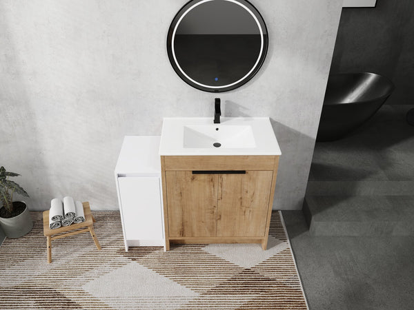 English Elm 42 Inch Freestanding Bathroom Vanity With Ceramic Sink, Soft-Close Doors & Ample Storage Solutions W999S00309