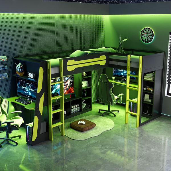 English Elm L-shaped Gaming Loft Bunk Bed Twin Wood Frame Rgb Lighting Usb Ports Storage Shelves Green LT000295AAG