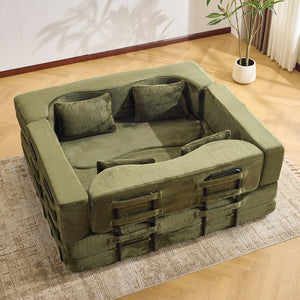 English Elm 71-inch folding sofa bed with plush fur cover, high-density foam futon sleeper, modern modular comfort Green W1829S00066