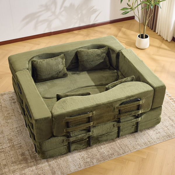 English Elm 71-inch folding sofa bed with plush fur cover, high-density foam futon sleeper, modern modular comfort Green W1829S00066
