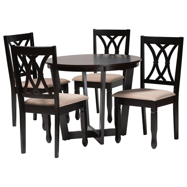 Baxton Studio Baxton Studio Aggie 5-Piece Modern Dining Set with Round Table & Comfortable Sand Upholstered Chairs Lindy-Sand/Dark Brown-5PC Dining Set