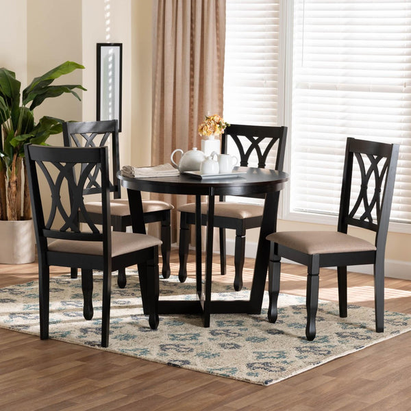 Baxton Studio Baxton Studio Aggie 5-Piece Modern Dining Set with Round Table & Comfortable Sand Upholstered Chairs Lindy-Sand/Dark Brown-5PC Dining Set