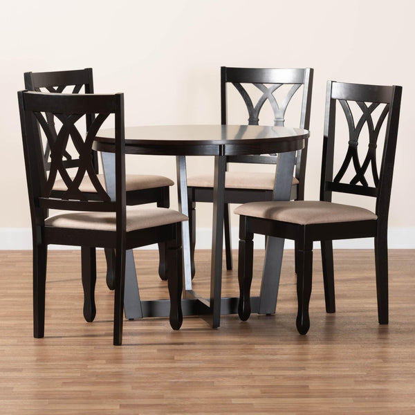 Baxton Studio Baxton Studio Aggie 5-Piece Modern Dining Set with Round Table & Comfortable Sand Upholstered Chairs Lindy-Sand/Dark Brown-5PC Dining Set